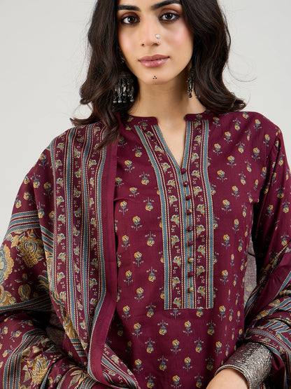 Indo Era Burgundy Printed Straight Kurta Salwar With Dupatta set