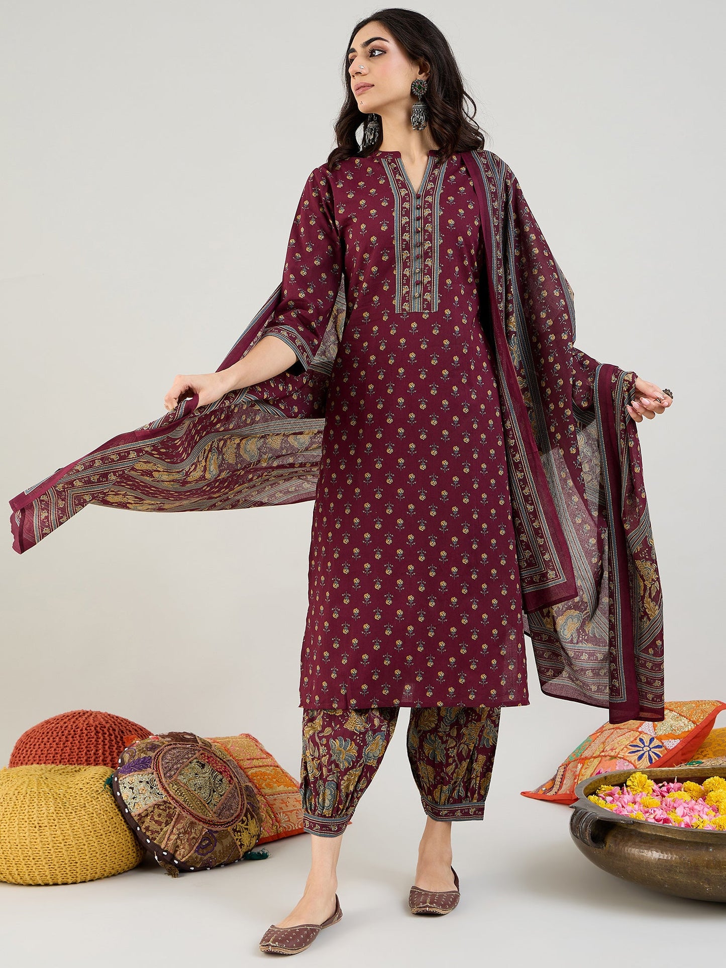 Indo Era Burgundy Printed Straight Kurta Salwar With Dupatta set