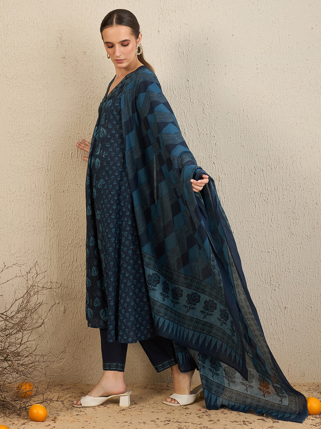 Indo Era Blue Printed A-Line Kurta Trousers With Dupatta Set