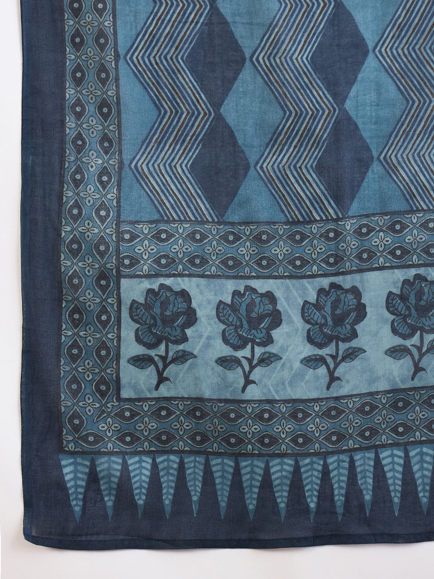 Indo Era Blue Printed A-Line Kurta Trousers With Dupatta Set