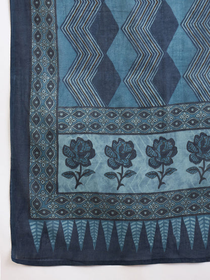 Indo Era Blue Printed A-Line Kurta Trousers With Dupatta Set