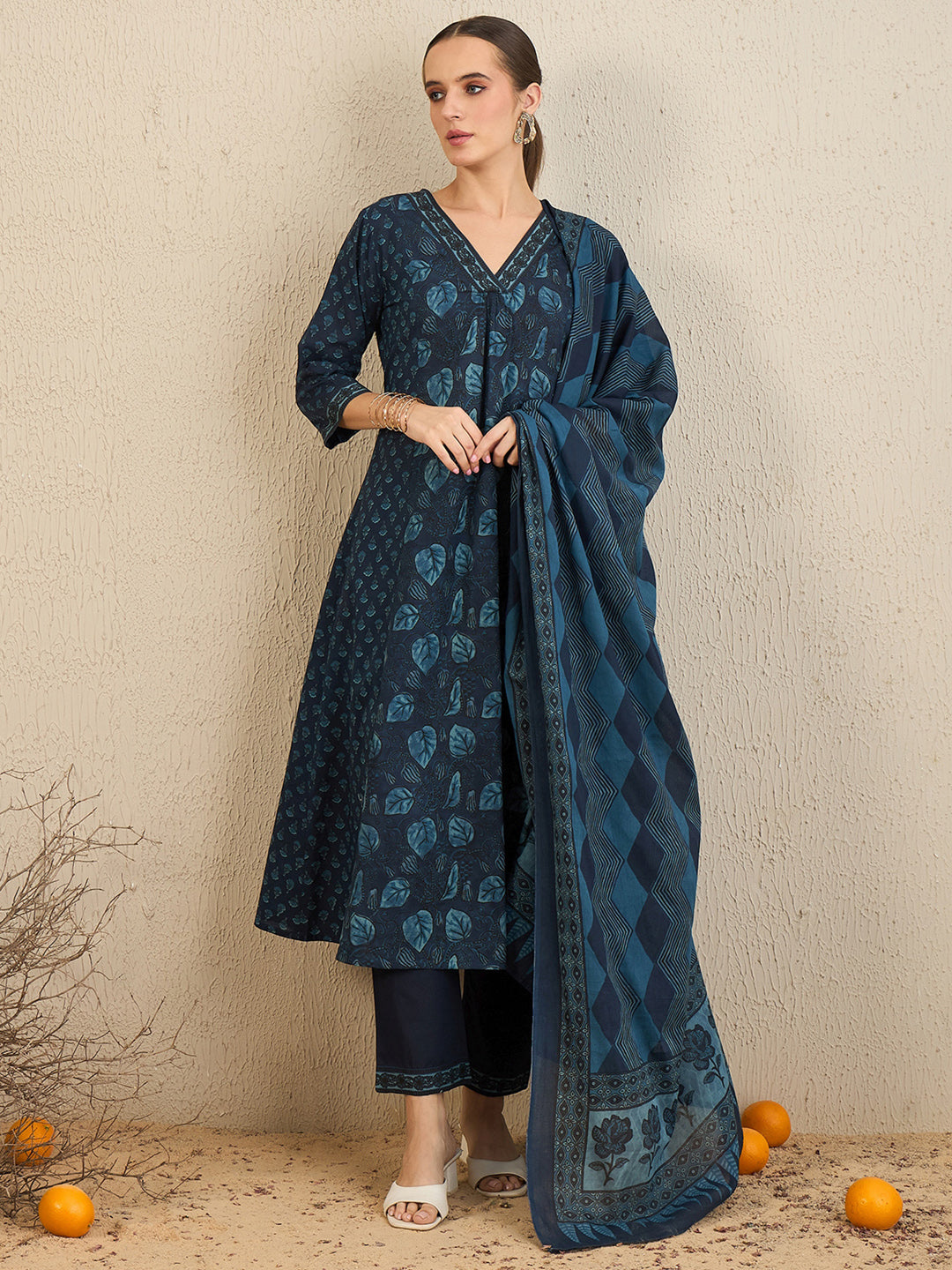 Indo Era Blue Printed A-Line Kurta Trousers With Dupatta Set