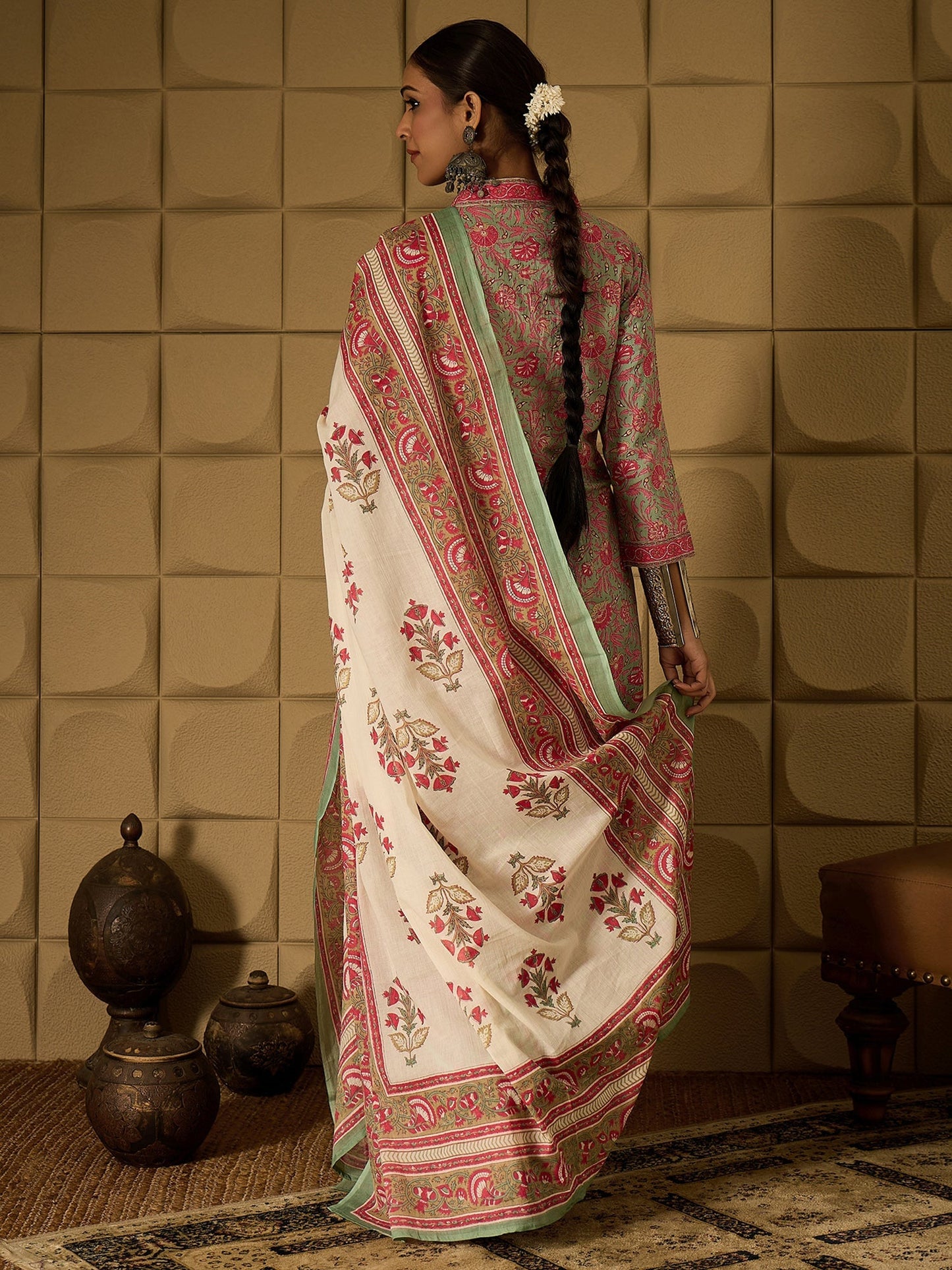 Indo Era Green Printed Straight Kurta Salwar With Dupatta set