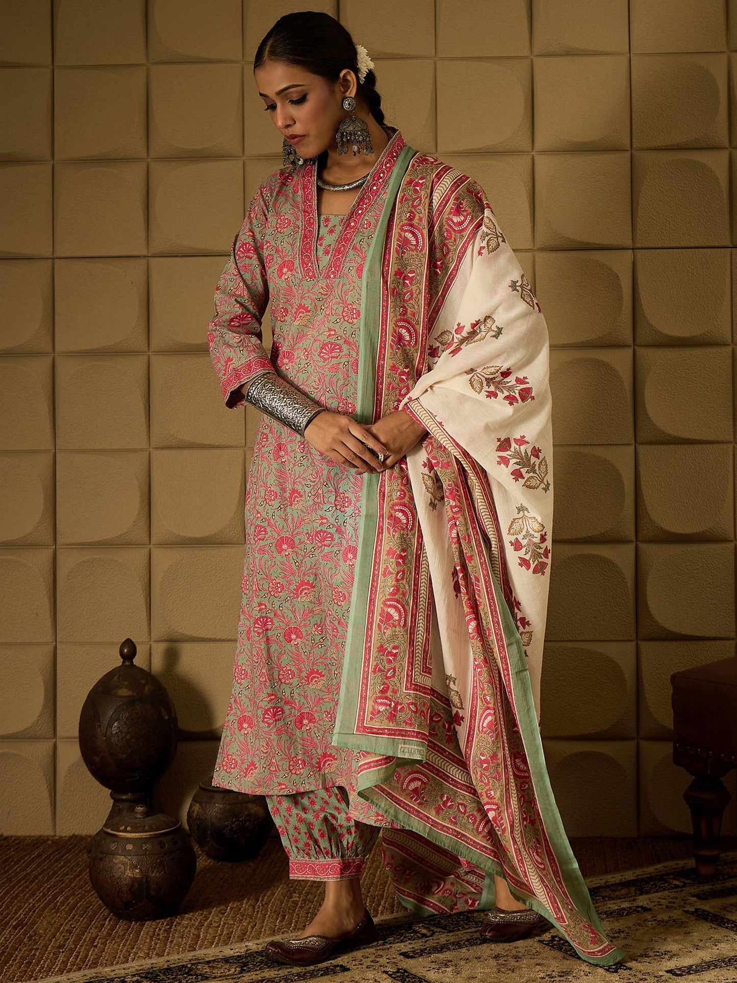Indo Era Green Printed Straight Kurta Salwar With Dupatta set
