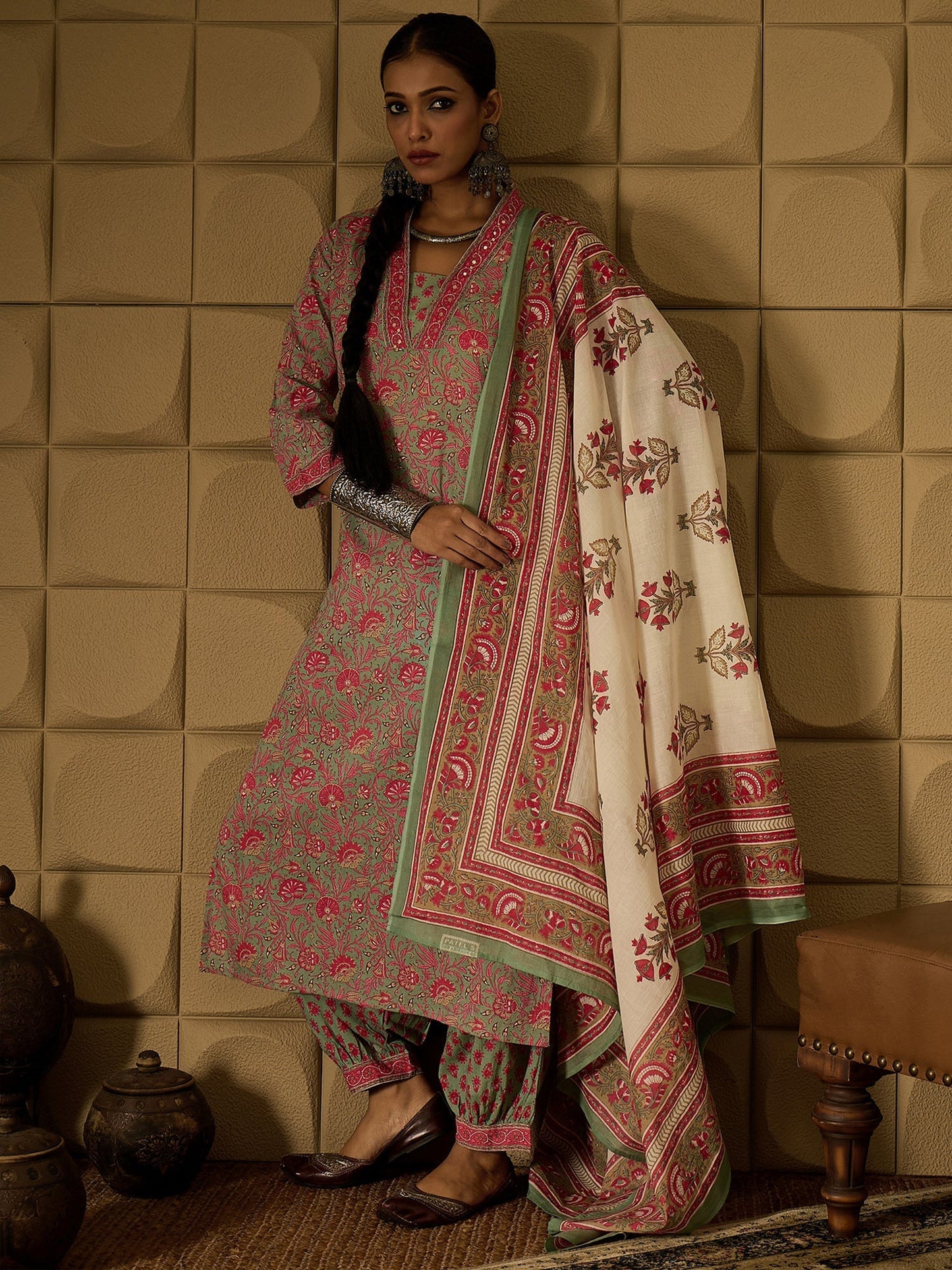 Indo Era Green Printed Straight Kurta Salwar With Dupatta set