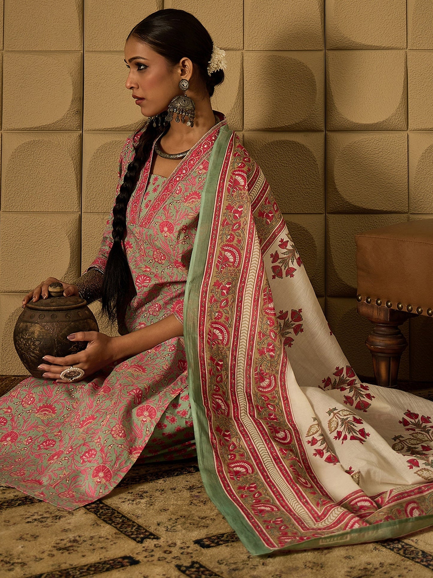 Indo Era Green Printed Straight Kurta Salwar With Dupatta set