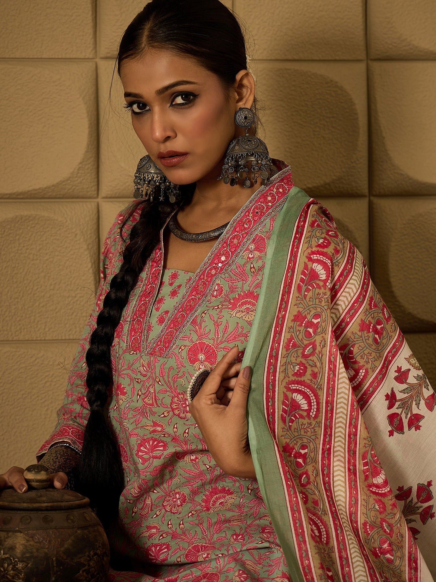 Indo Era Green Printed Straight Kurta Salwar With Dupatta set