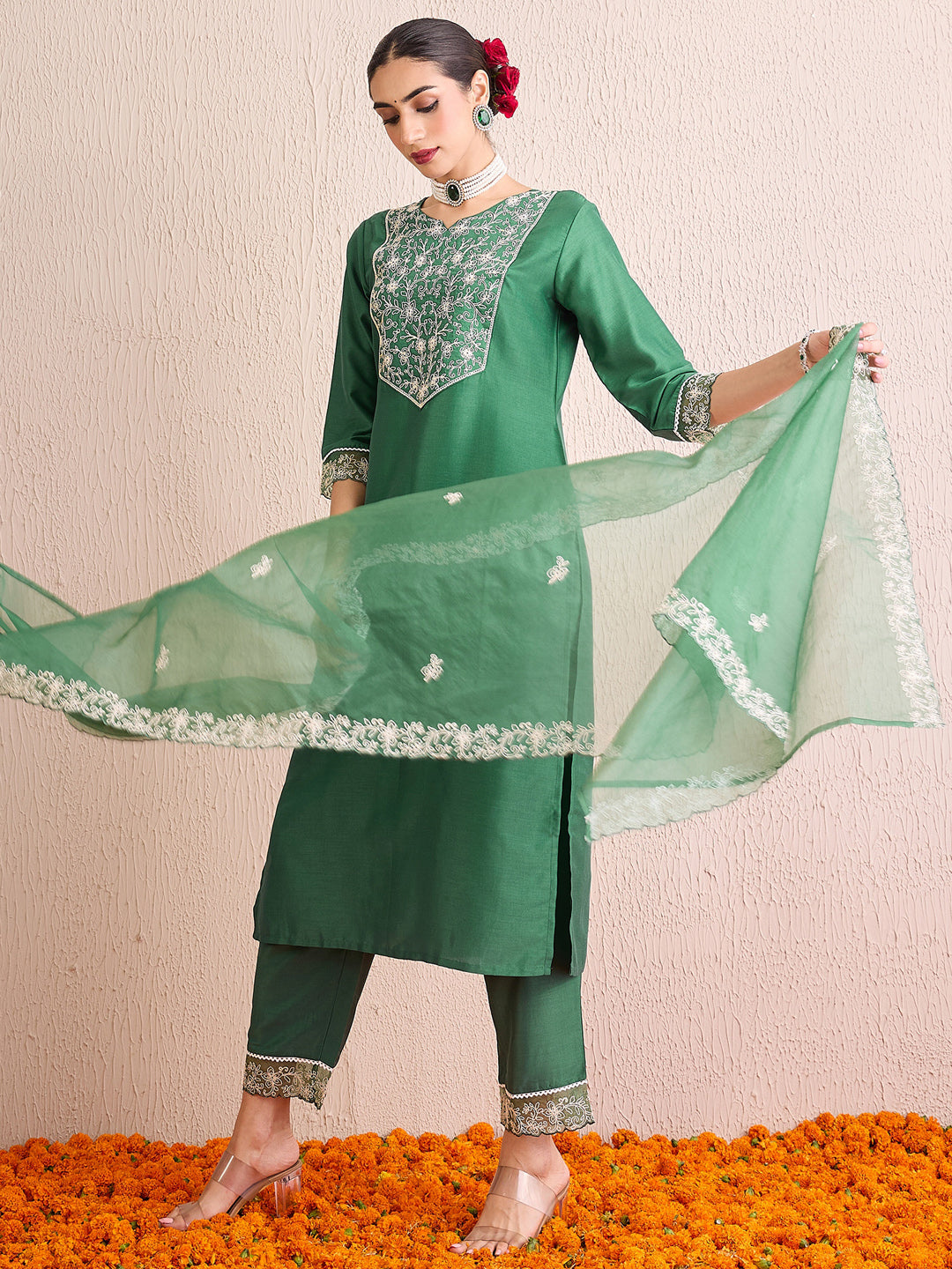 Indo Era Green Embroidered Straight Kurta Trousers With Dupatta set