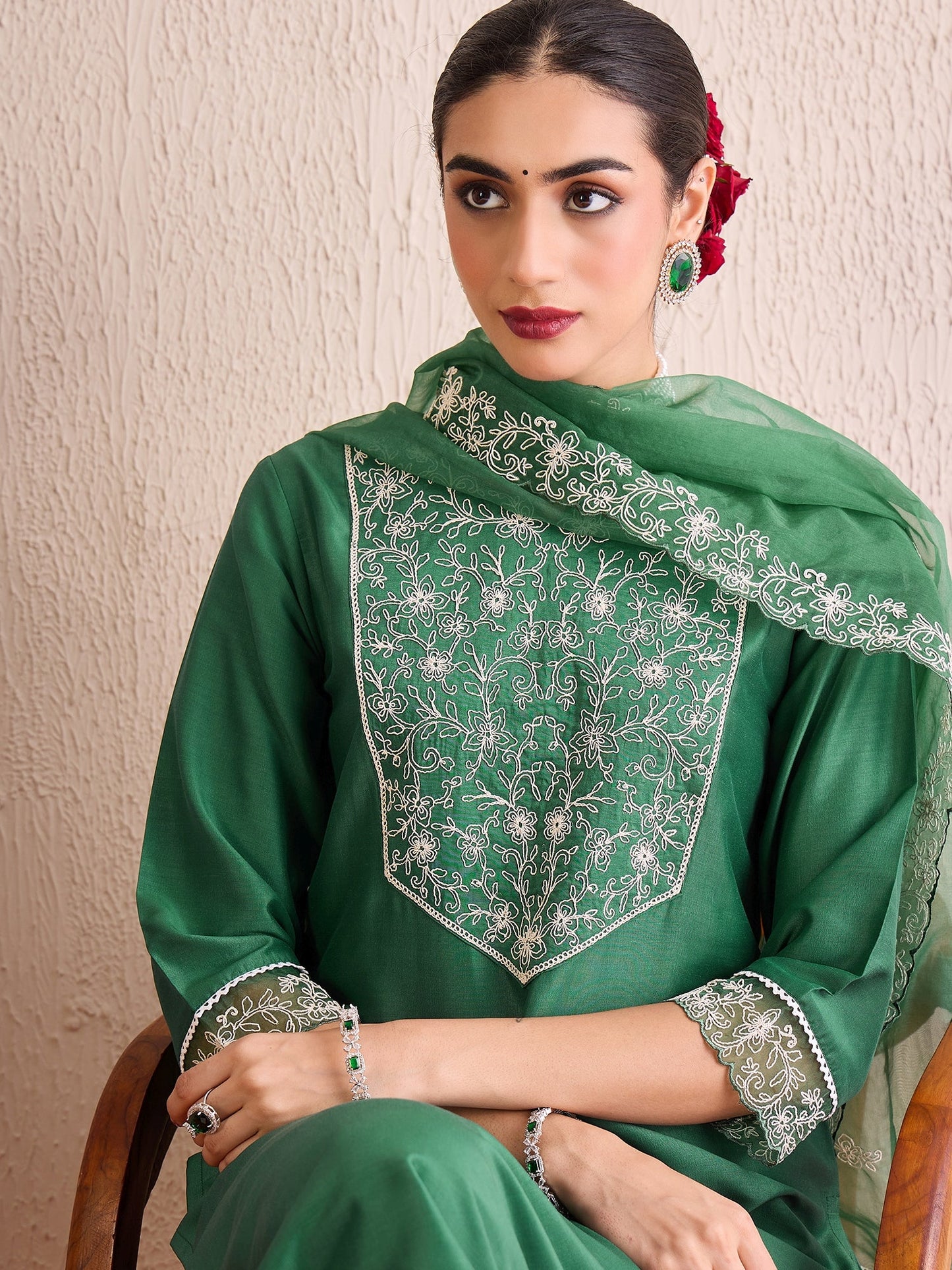 Indo Era Green Embroidered Straight Kurta Trousers With Dupatta set
