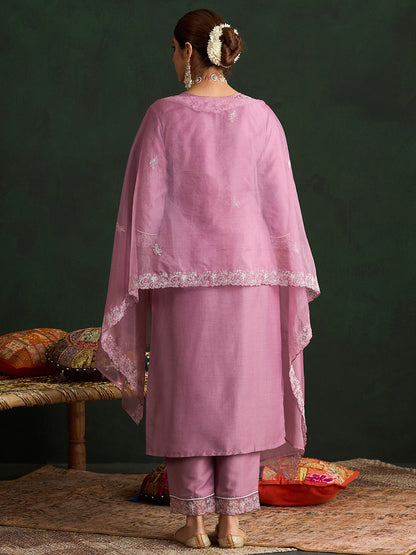 Mauve Embroidered Straight Kurta Trousers With Dupatta set