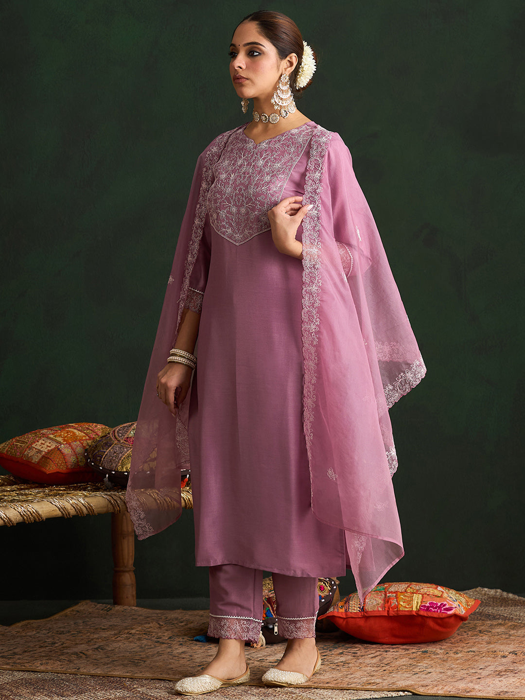 Mauve Embroidered Straight Kurta Trousers With Dupatta set