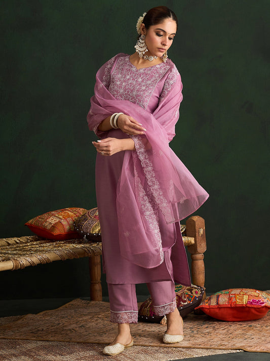 Mauve Embroidered Straight Kurta Trousers With Dupatta set