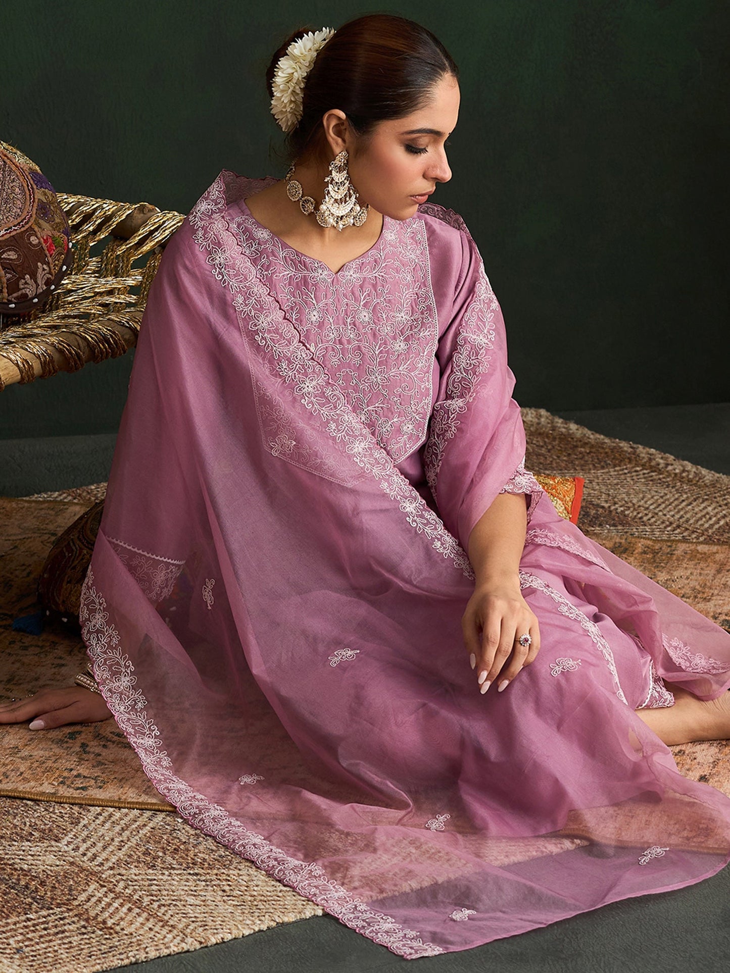 Mauve Embroidered Straight Kurta Trousers With Dupatta set