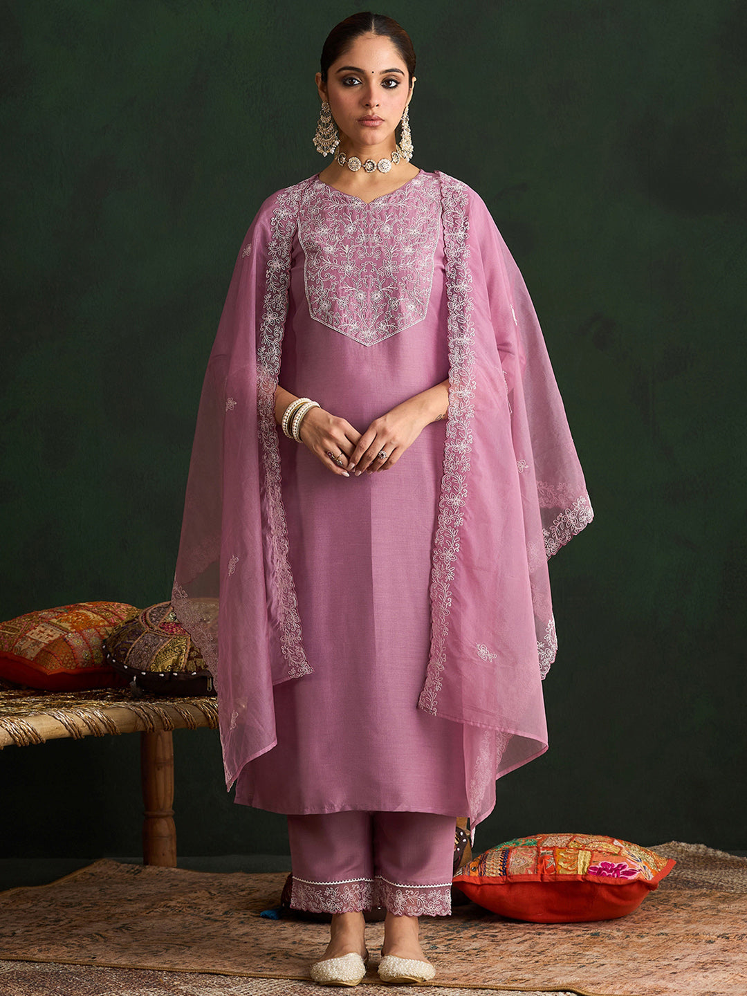 Mauve Embroidered Straight Kurta Trousers With Dupatta set