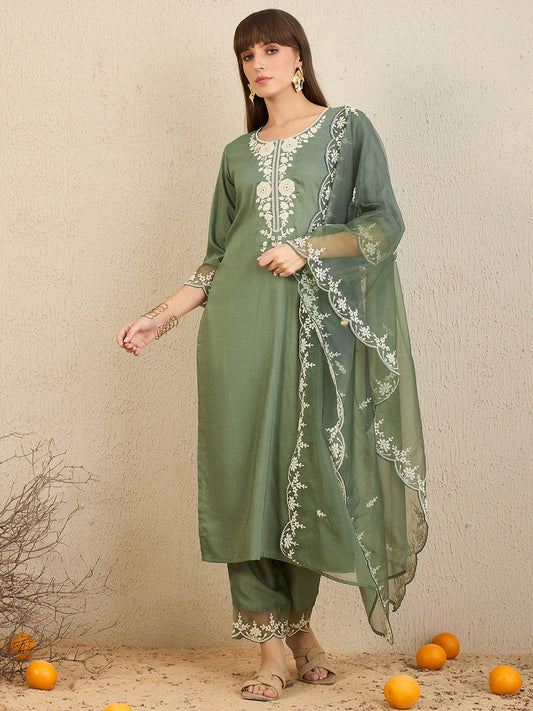 Indo Era Green Embroidered Straight Kurta Trousers With Dupatta set