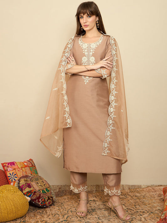 Brown Embroidered Straight Kurta Trousers With Dupatta set