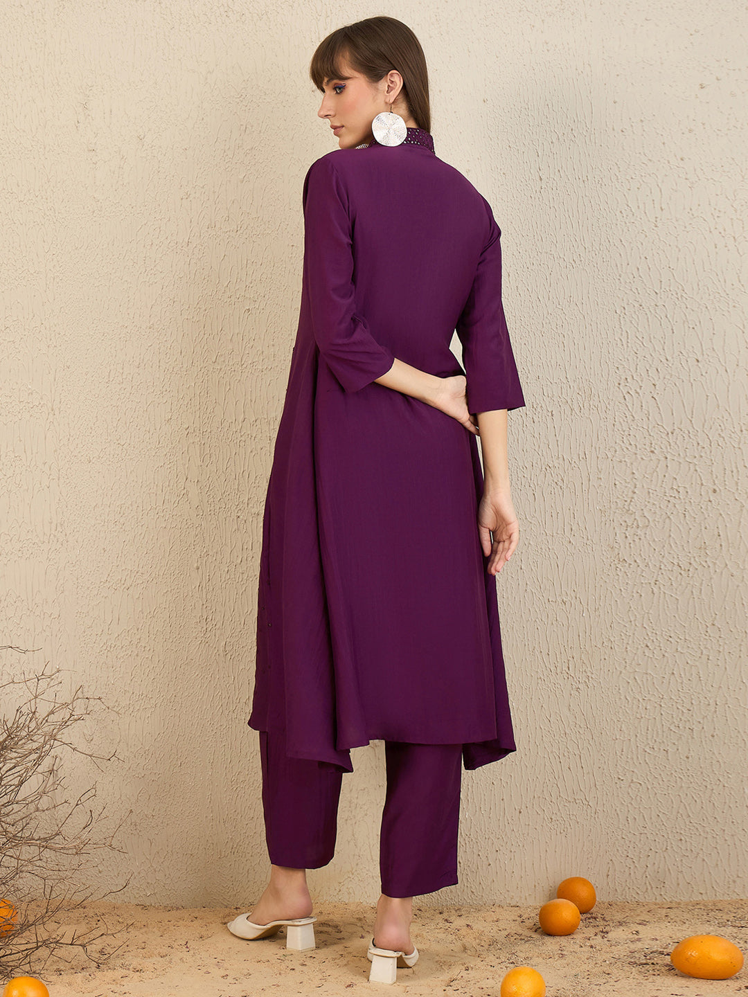 Indo Era Burgundy Embroidered A-Line Kurta Trousers  set