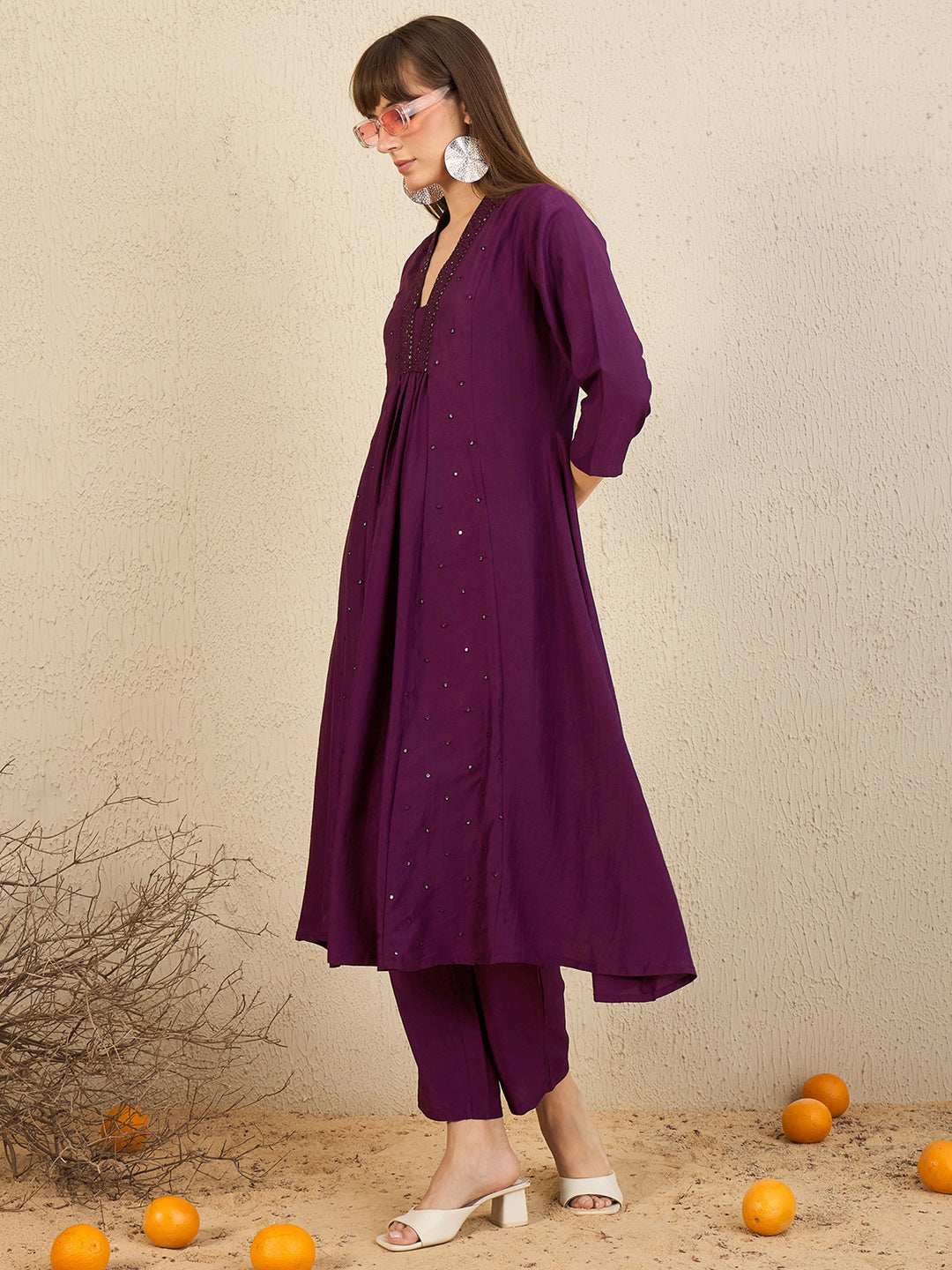 Indo Era Burgundy Embroidered A-Line Kurta Trousers  set