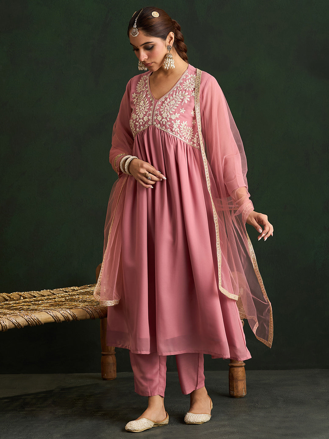 Mauve Embroidered A-Line Kurta Trousers With Dupatta set