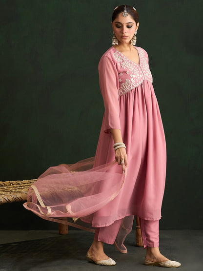 Mauve Embroidered A-Line Kurta Trousers With Dupatta set
