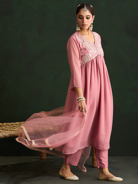 Mauve Embroidered A-Line Kurta Trousers With Dupatta set