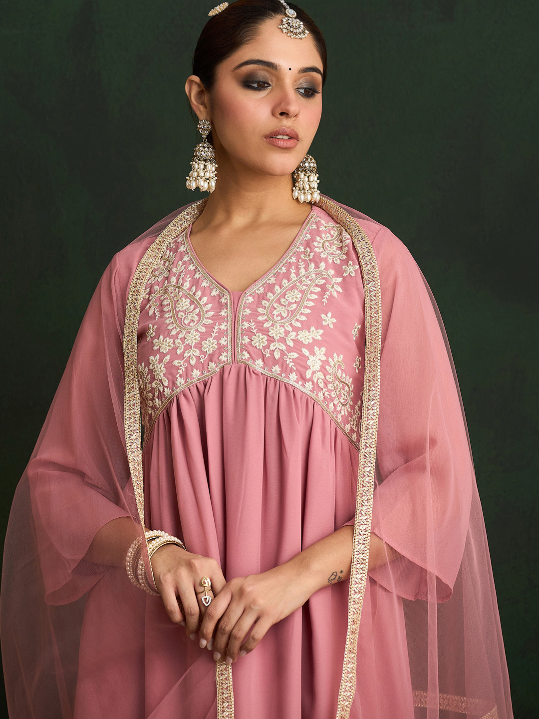 Mauve Embroidered A-Line Kurta Trousers With Dupatta set