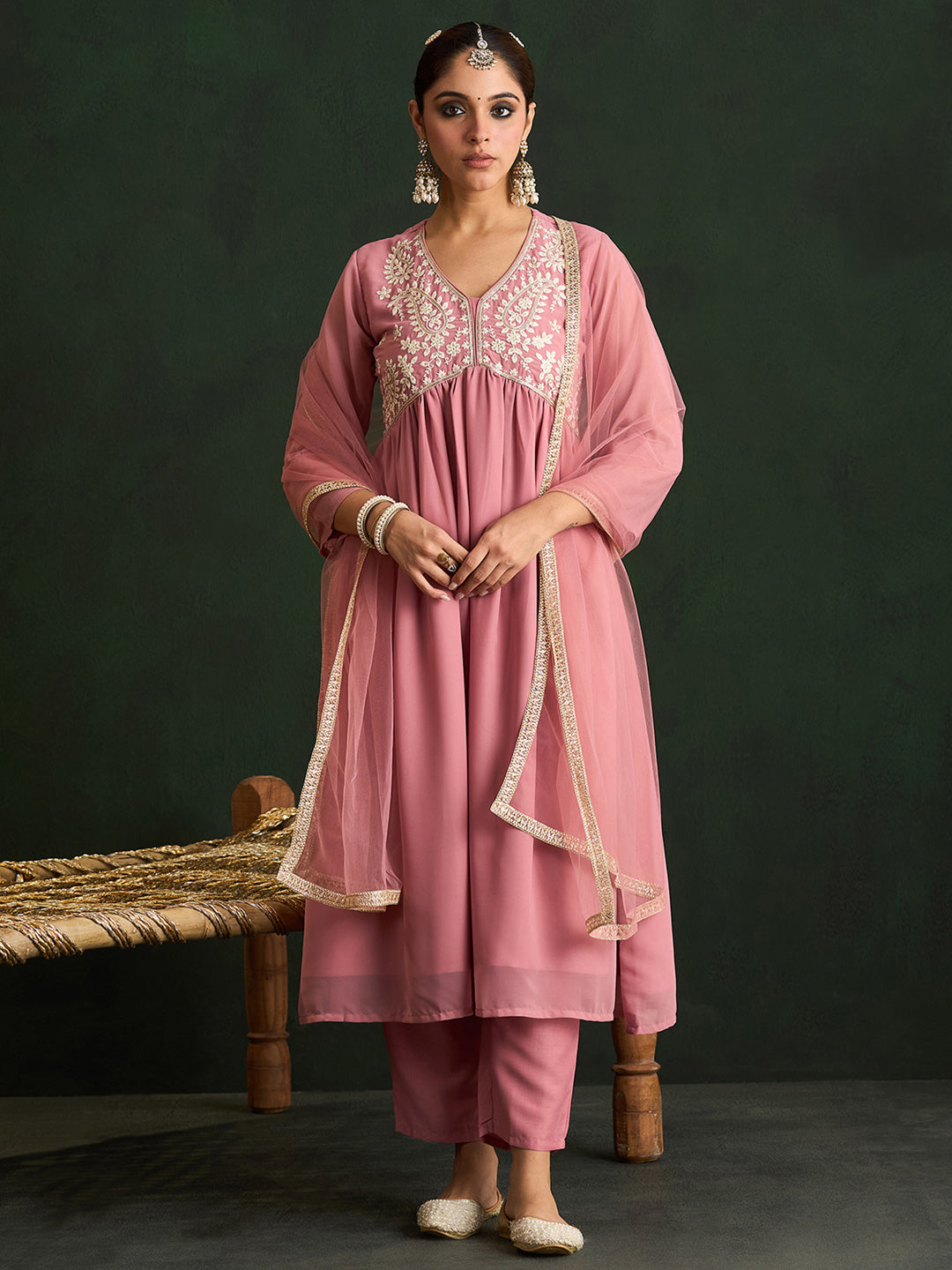 Mauve Embroidered A-Line Kurta Trousers With Dupatta set