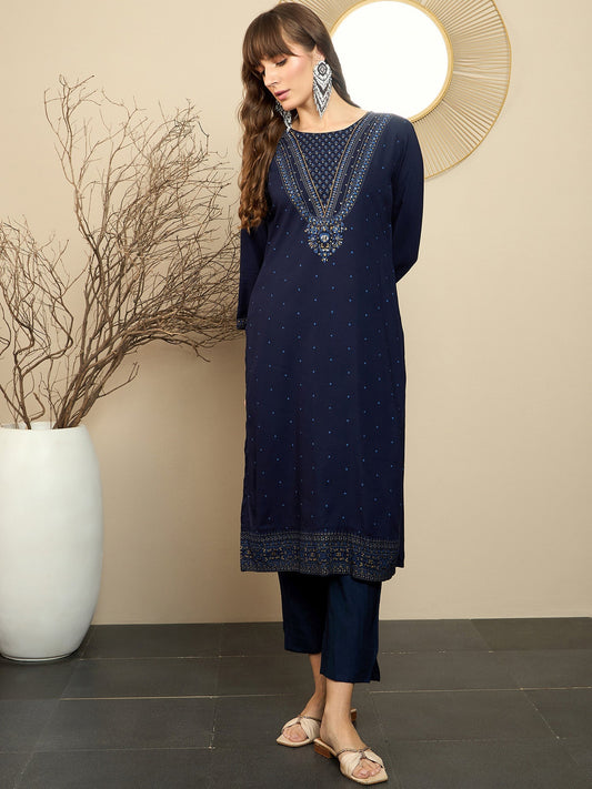 Indo Era Blue Printed Straight Kurtas