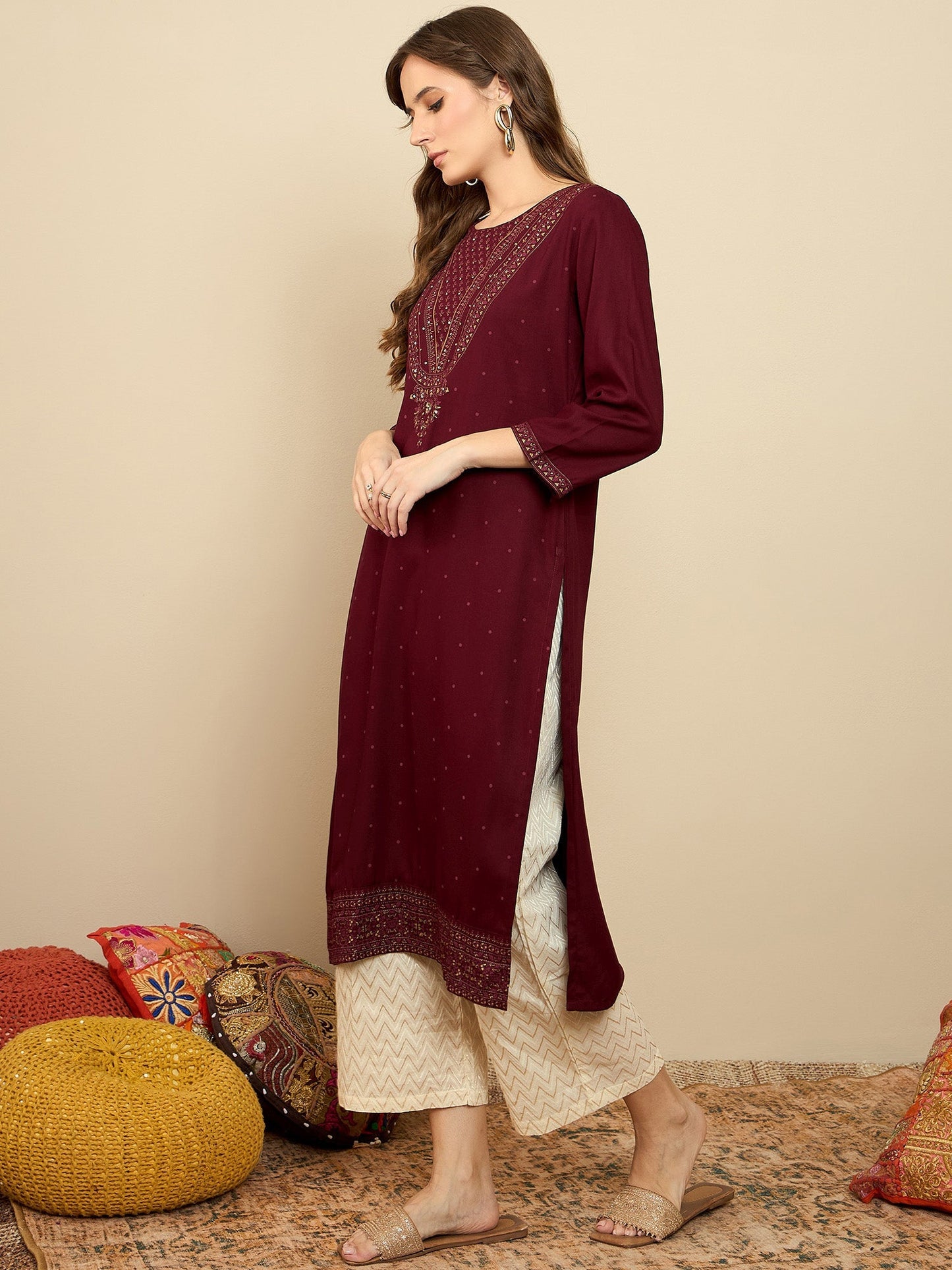 Maroon Printed Straight Kurtas