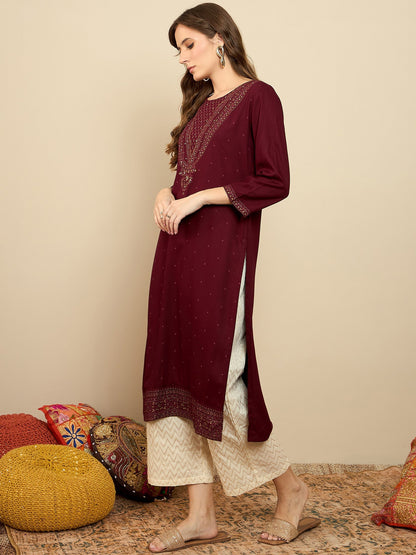 Maroon Printed Straight Kurtas