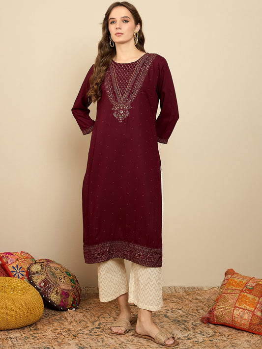 Maroon Printed Straight Kurtas