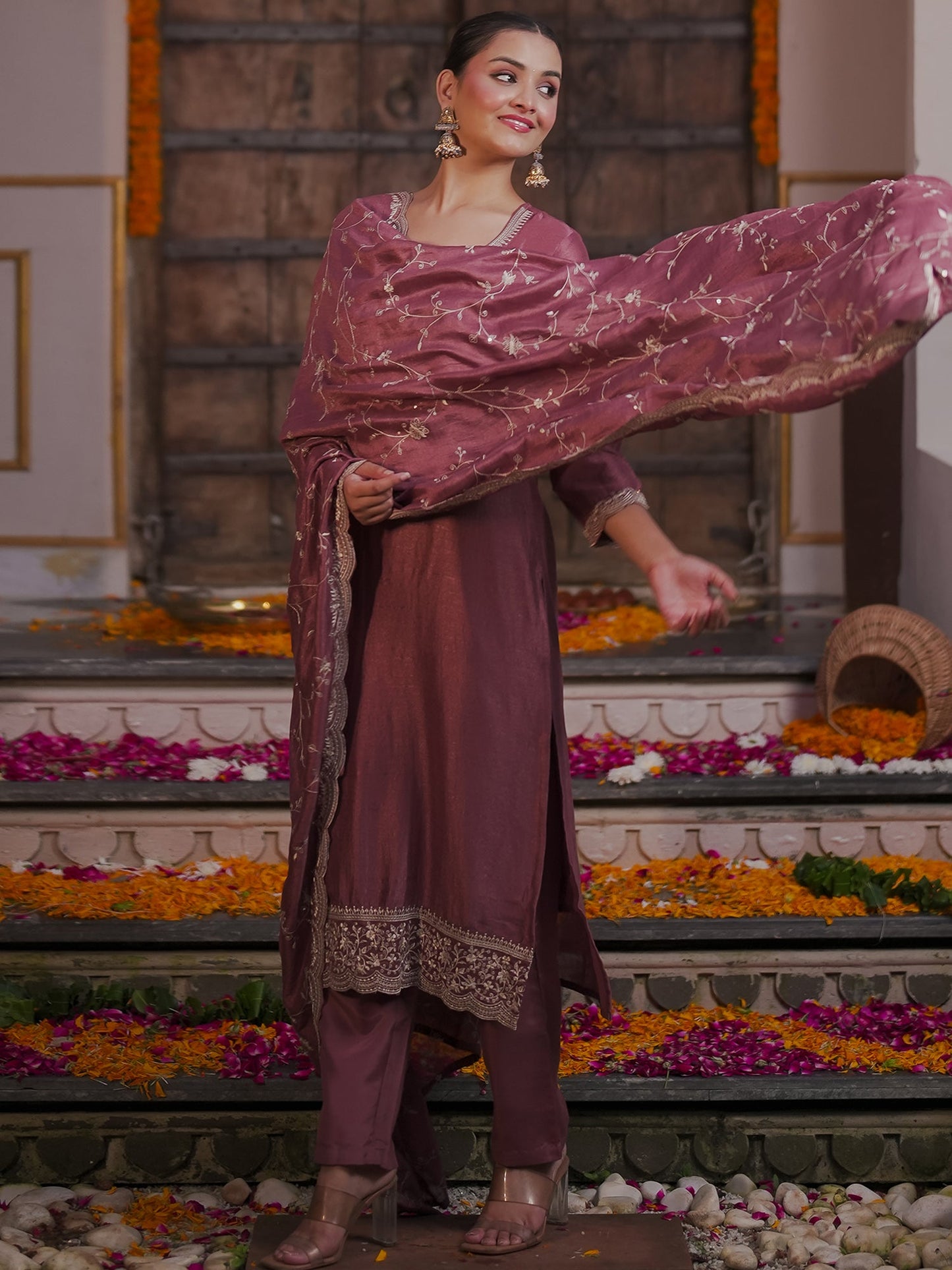 Mauve embroidered Kurta with Trousers with dupatta