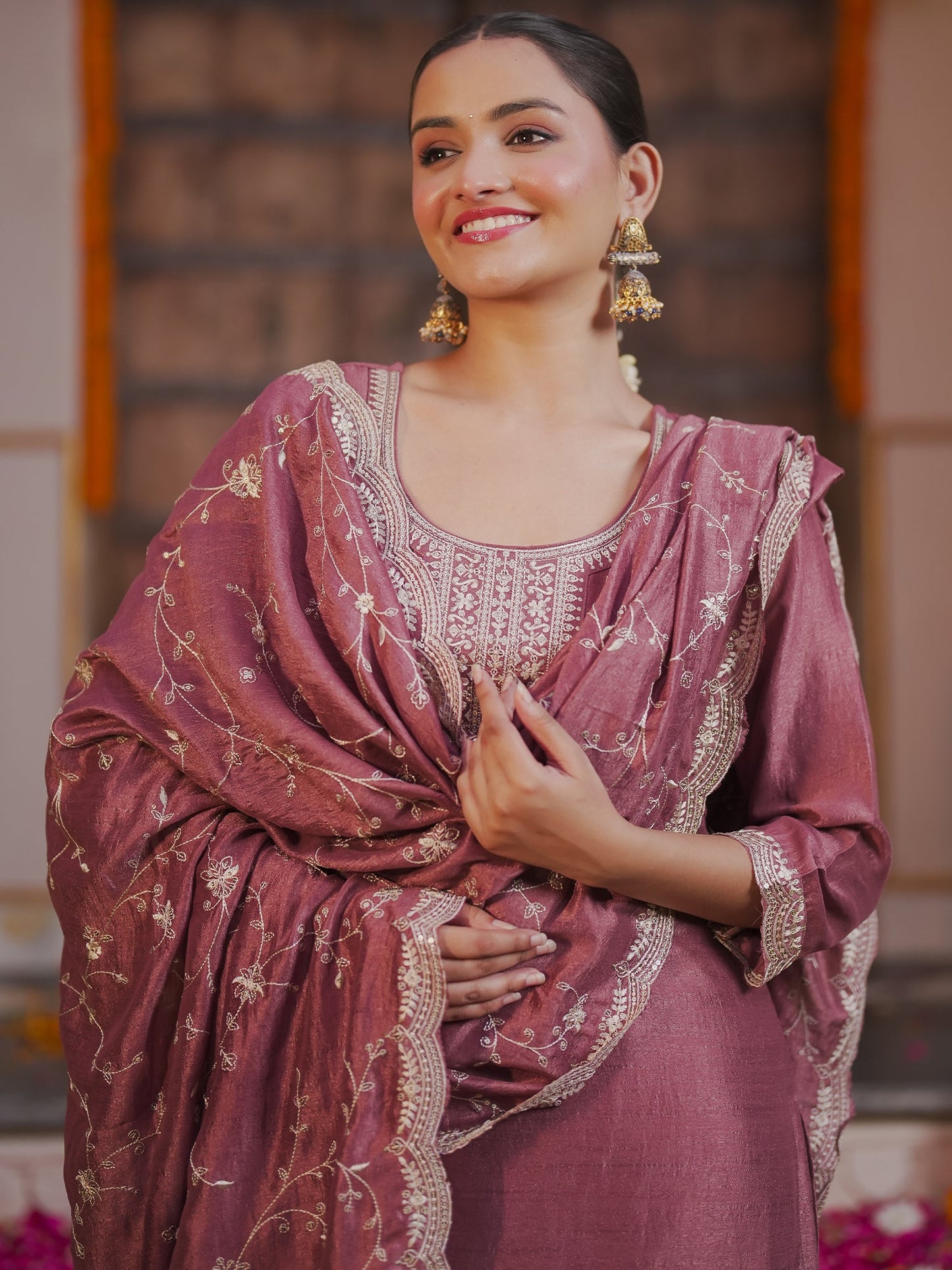 Mauve embroidered Kurta with Trousers with dupatta