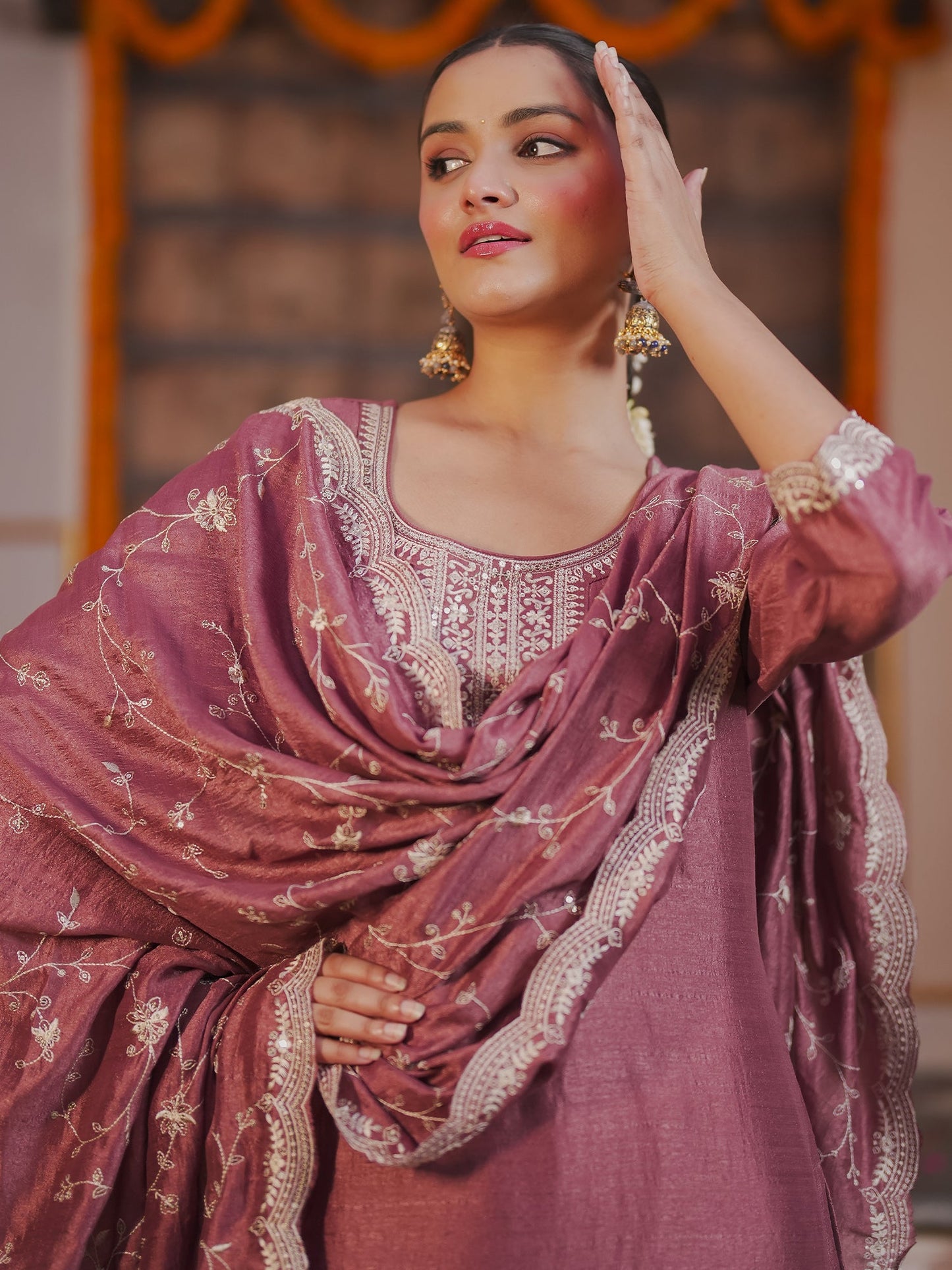Mauve embroidered Kurta with Trousers with dupatta