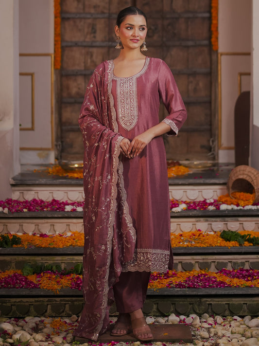Mauve embroidered Kurta with Trousers with dupatta