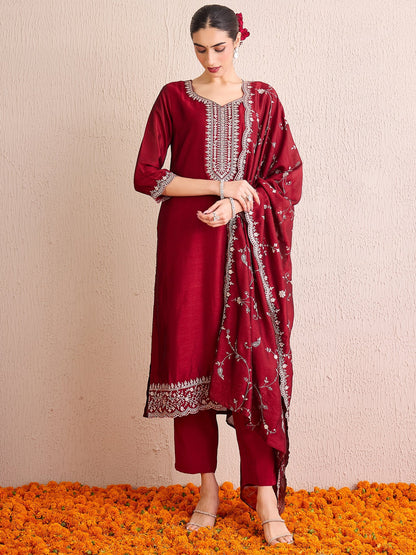 Maroon Embroidered Straight Kurta Trousers With Dupatta set