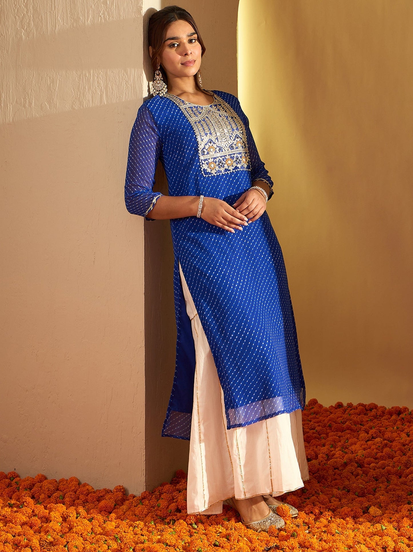 Indo Era Blue Embroidered Straight Kurtas