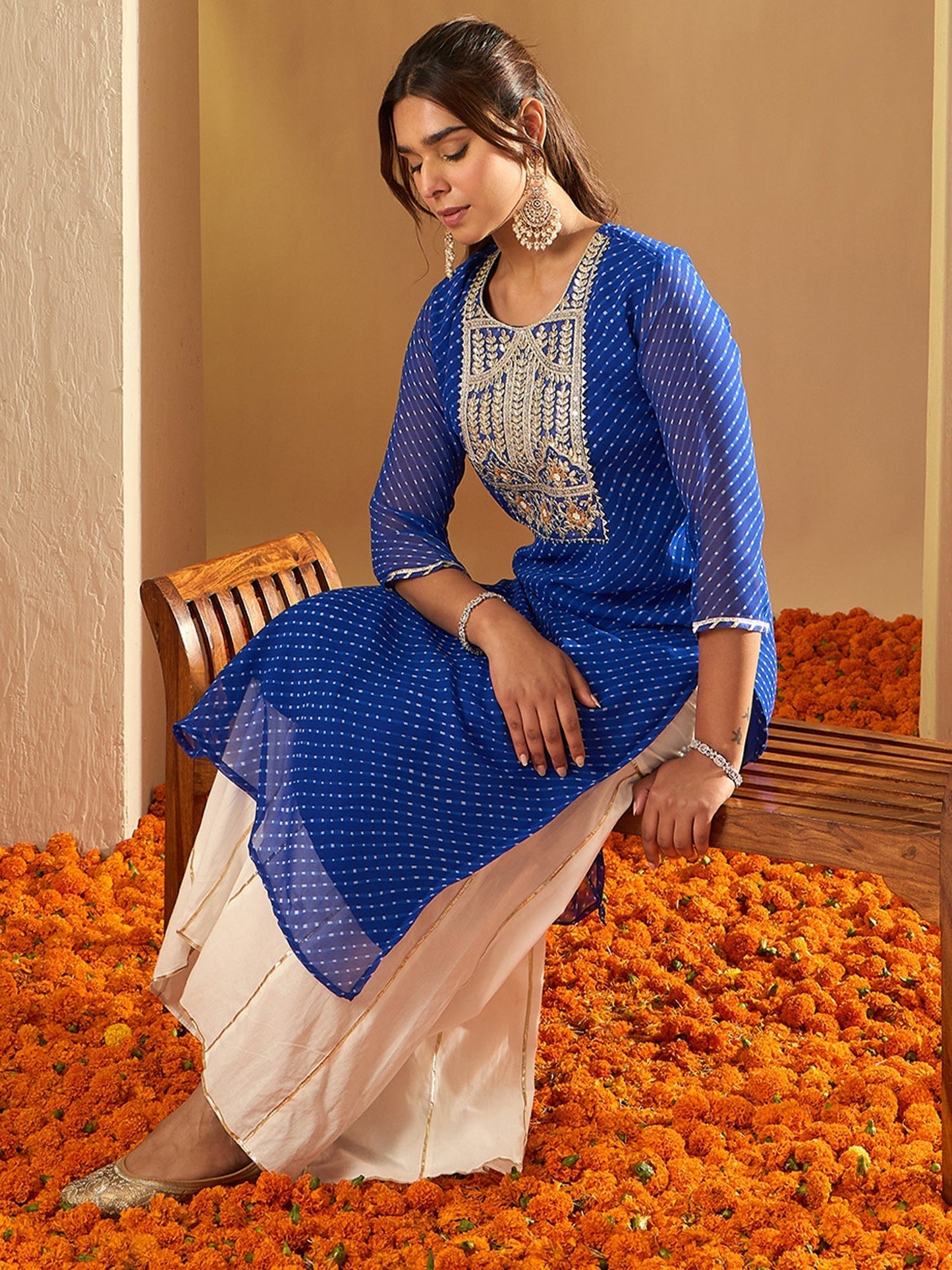 Indo Era Blue Embroidered Straight Kurtas