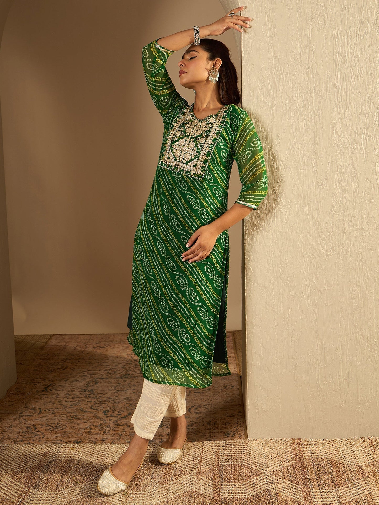 Indo Era Green Printed Straight Kurtas