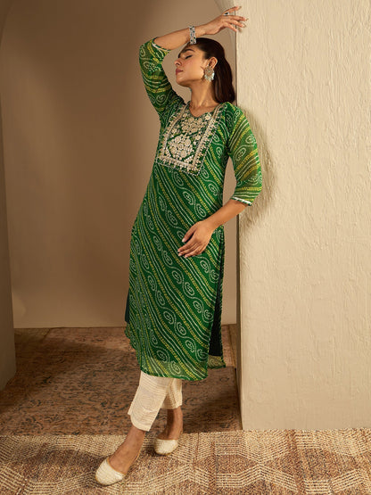 Indo Era Green Printed Straight Kurtas