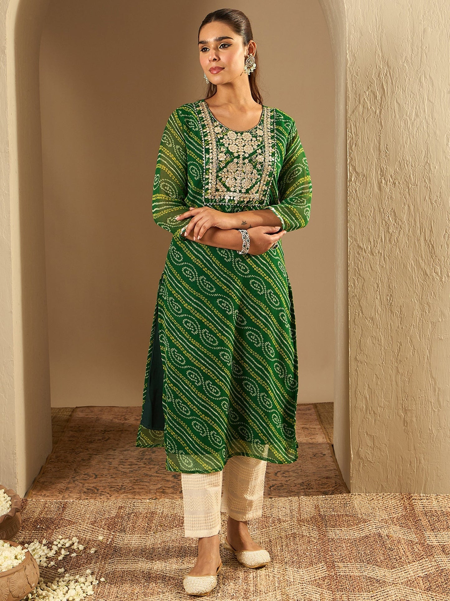Indo Era Green Printed Straight Kurtas