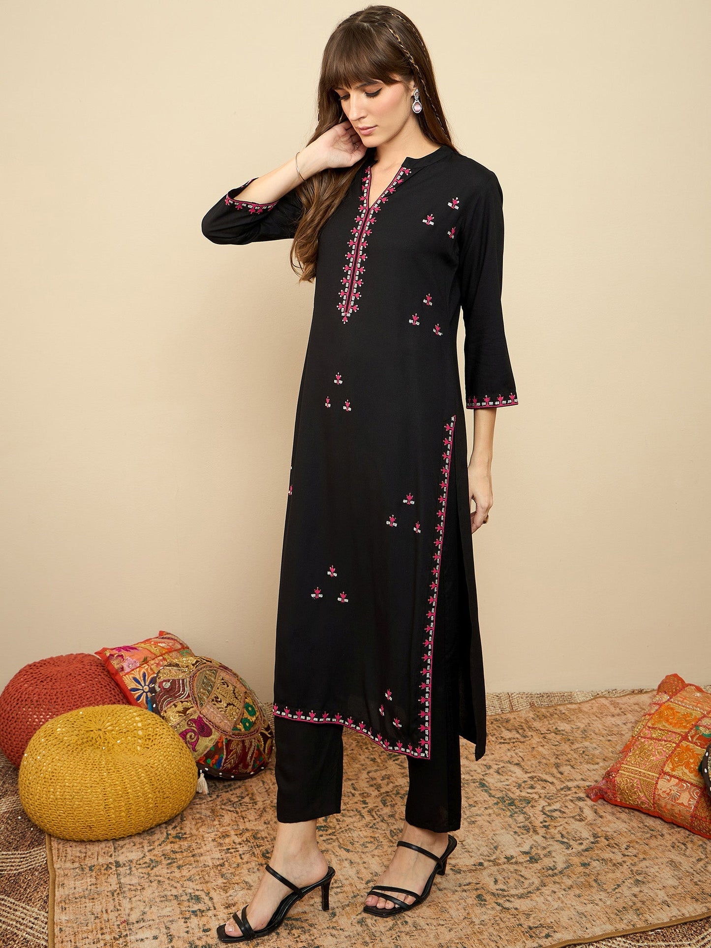 Black Embroidered Straight Kurtas