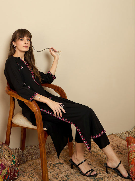 Black Embroidered Straight Kurtas