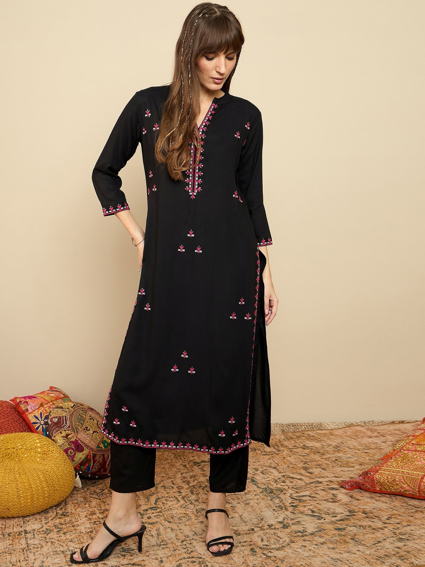Black Embroidered Straight Kurtas