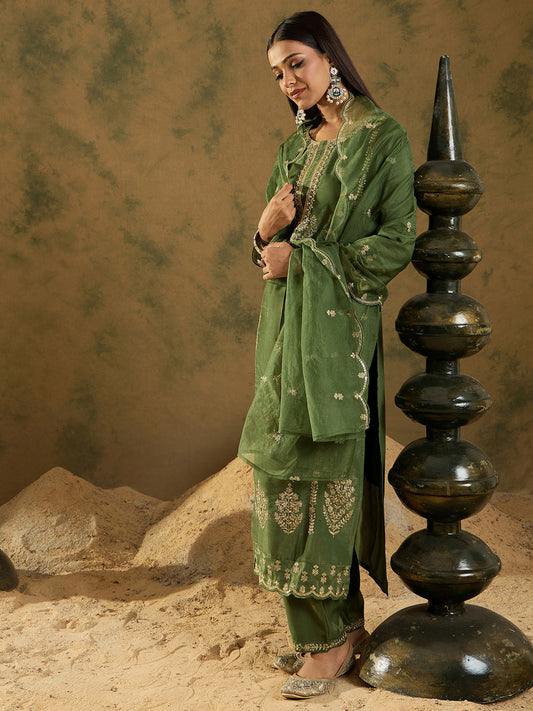 Green Embroidered Straight Kurta Trousers With Dupatta set