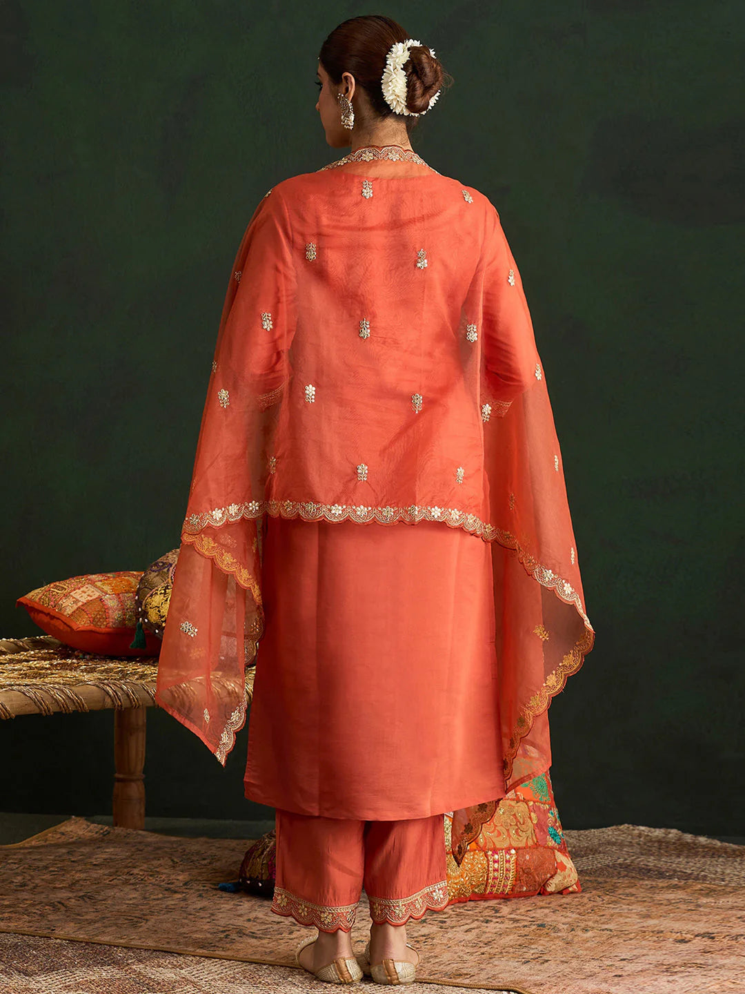 Rust Embroidered Straight Kurta Trousers With Dupatta set