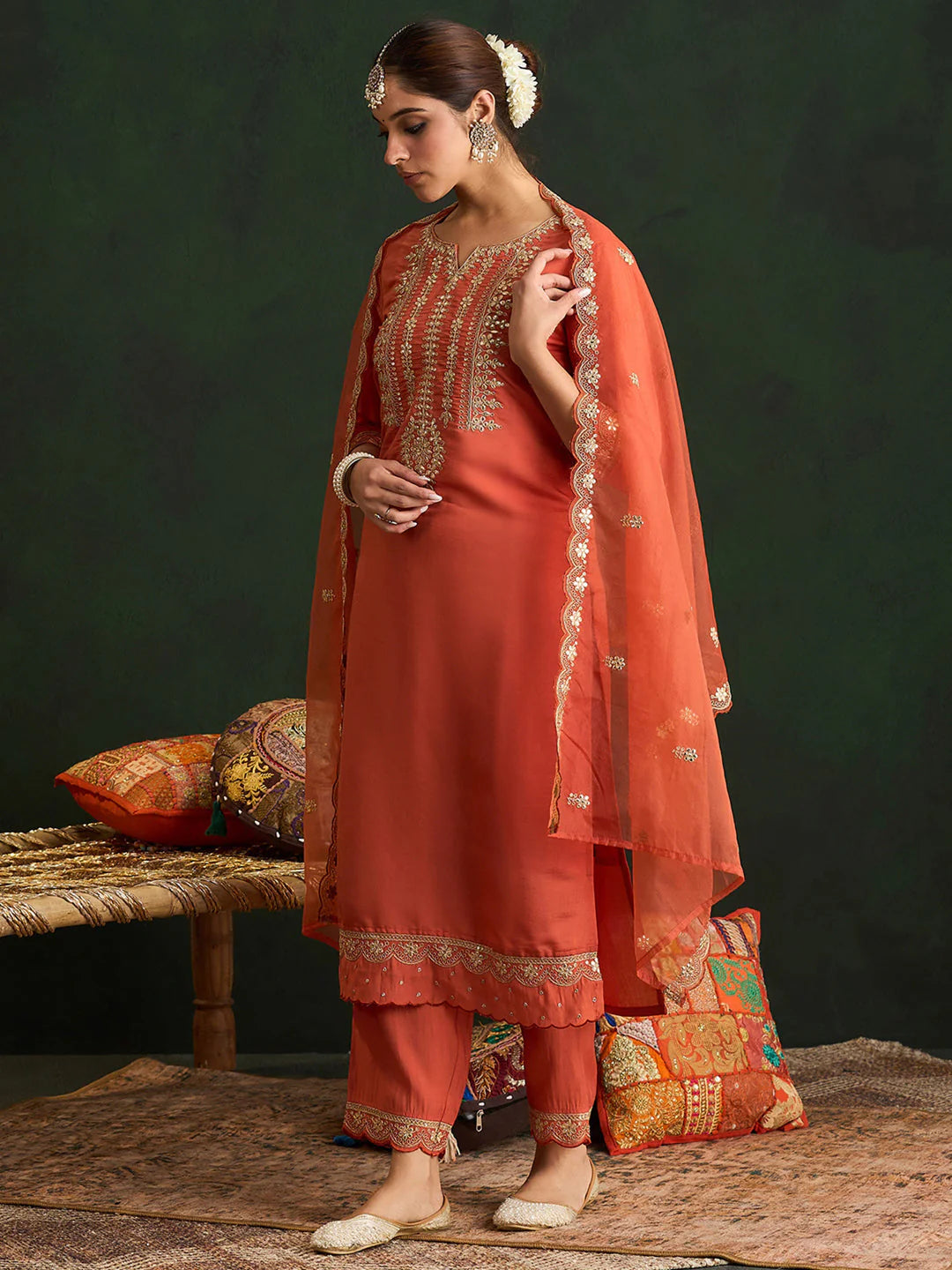 Rust Embroidered Straight Kurta Trousers With Dupatta set
