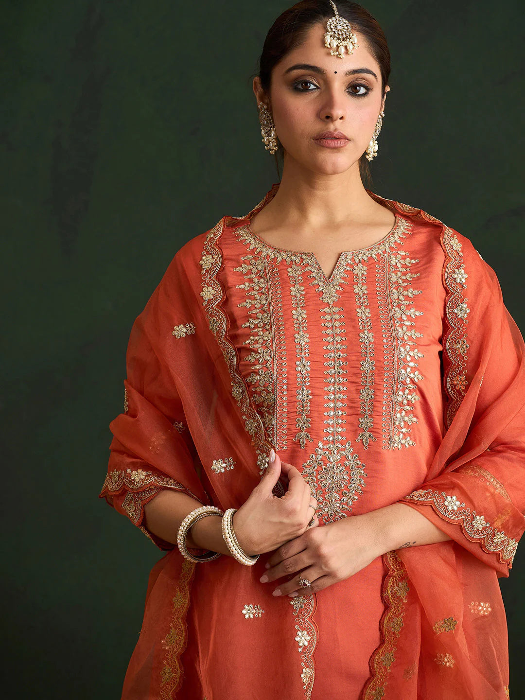 Rust Embroidered Straight Kurta Trousers With Dupatta set