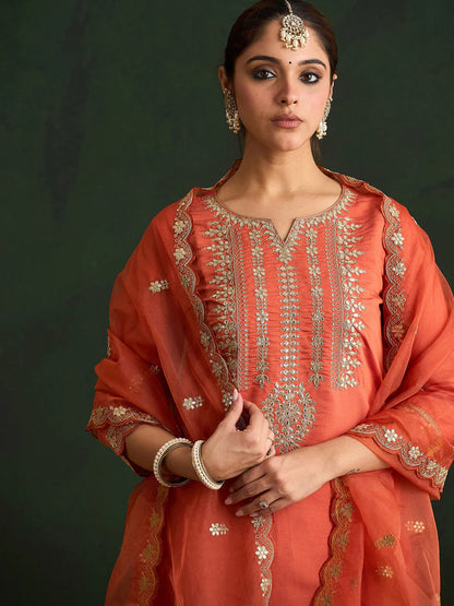 Rust Embroidered Straight Kurta Trousers With Dupatta set