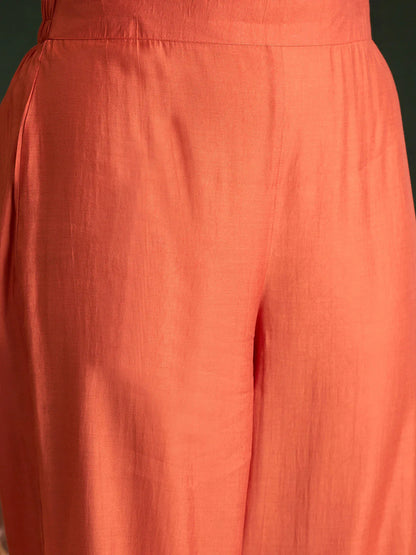 Rust Embroidered Straight Kurta Trousers With Dupatta set